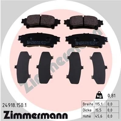 Bilde av ZIMMERMANN 24918.150.1 Bremseklosser Bildet viser leveranseinnholdet TOYOTA: Prius Plus, Mirai, LEXUS: RX III, GS IV