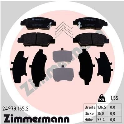 Bilde av ZIMMERMANN 24979.165.2 Bremseklosser med akustisk slitasjevarsel Bildet viser leveranseinnholdet, fjær HONDA: JAZZ 3, Insight II Hatchback, 4