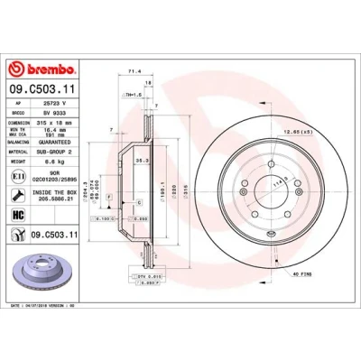 Bilde av BREMBO 09.C503.11 Bremseskiver 315 18 5 innvendig ventilert belagt høy karbon med skruer KIA: SORENTO 3