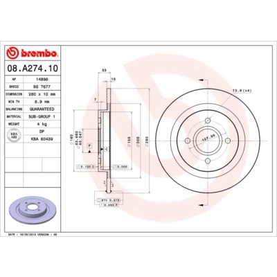 Bilde av BREMBO 08.A274.10 Bremseskiver 280 10 4 fullt ut FORD: Focus Mk1 Hatchback, Stasjonsvogn