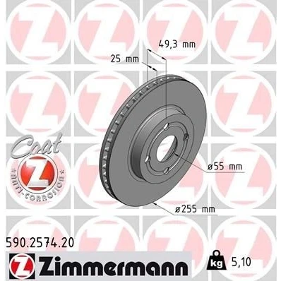 Bilde av ZIMMERMANN COAT Z 590.2574.20 Bremseskiver 255 25 4 4/4 100 innvendig ventilert belagt høy karbon TOYOTA: Corolla IX Hatchback
