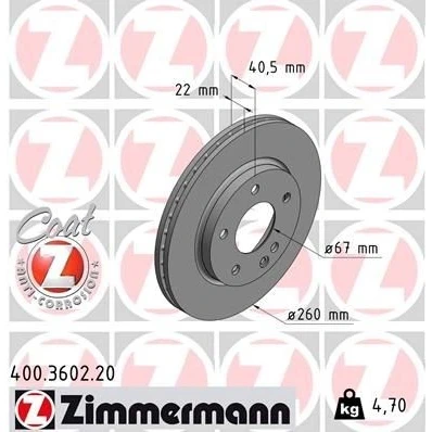 Bilde av ZIMMERMANN COAT Z 400.3602.20 Bremseskiver 260 22 6/5 5 112 innvendig ventilert belagt høy karbon MERCEDES BENZ: A Klasse