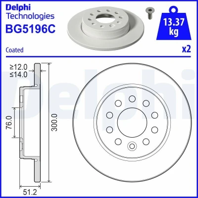 Bilde av DELPHI Bremseskive 300mm 14mm 5 fullt ut belagt ubehandlet BG5196C 7T0615601 Bremseskiver, Skivebremser