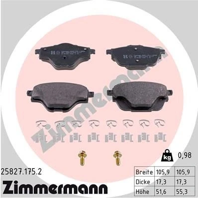 Bilde av ZIMMERMANN 25827.175.2 Bremseklosser med skruer Bildet viser leveranseinnholdet, fjær, glideplate PEUGEOT: 308 SW 2, 5008 II, 3008 II SUV