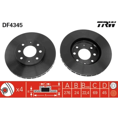 Bilde av TRW DF4345 Bremseskiver 276 24 4 114,3 ventilert spraylakkert MITSUBISHI: GALANT 6, Stufenheck, Lancer 5 Limousine
