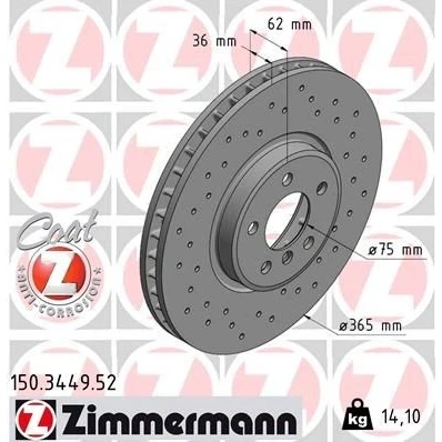 Bilde av ZIMMERMANN SPORT COAT Z 150.3449.52 Bremseskiver 365 36 6/5 5 120 innvendig ventilert, hullet belagt høy karbon BMW: X5, X6