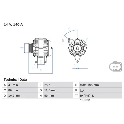 Bilde av BOSCH 0 986 046 210 Dynamo 14V 140A FIAT: Ducato II Flatvogn lastebil/Chassis, III lastebil / Chassis
