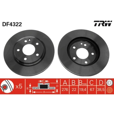 Bilde av TRW DF4322 Bremseskiver 276 22 5 112 ventilert spraylakkert MERCEDES BENZ: A Klasse