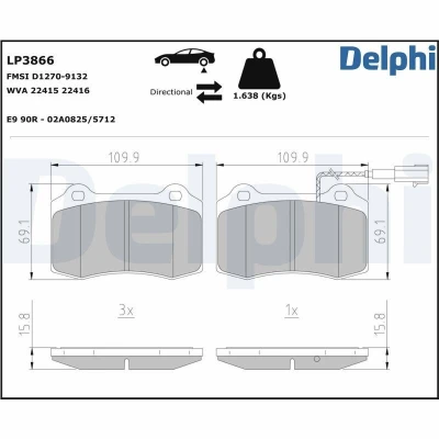 Bilde av DELPHI LP3866 Bremseklosser inkl. slitasjevarselkontakt med antihyle blikk uten tilbehør MASERATI: GHIBLI 3