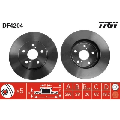Bilde av TRW DF4204 Bremseskiver 296 28 5 114,3 ventilert spraylakkert TOYOTA: Previa / Estima II, Camry V Sedan, LEXUS: RX I