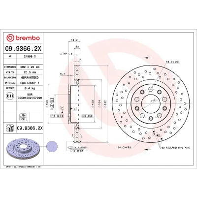 Bilde av BREMBO Bremseskive ALFA ROMEO: 159 Sportwagon, Sedan 292mm 22mm 5 perforert / ventilert belagt 09.9366.2X Bremseskiver, Skivebremser