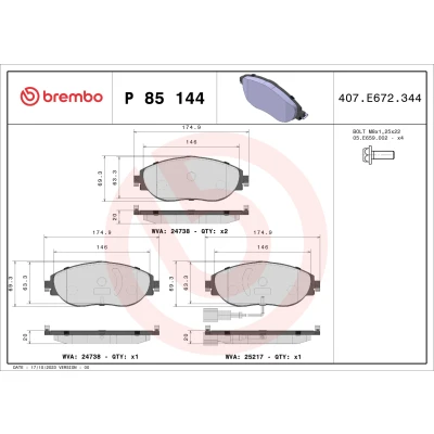 Bilde av BREMBO P 85 144X Bremseklosser inkl. slitasjevarselkontakt med bremsecaliperskruer uten tilbehør VOLKSWAGEN: Passat B8 Variant, Golf 7
