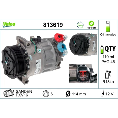 Bilde av VALEO 813619 Kompressor PXV16 12 PAG 46 R 134a med kompressorlje REMANUFACTURED VOLVO: V50, V60 I, C30, FORD: MONDEO 4 Turnier, Galaxy Mk2 MPV