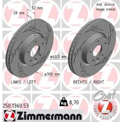 Bilde av ZIMMERMANN 250.1360.53 Bremseskiver 300 28 6/5 5 108 innvendig ventilert, med sliss belagt høy karbon VOLVO: V60 I, V70 3, XC70 II Stasjonsvogn