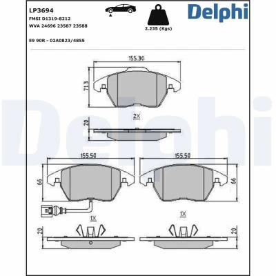 Bilde av DELPHI LP3694 Bremseklosser inkl. slitasjevarselkontakt med antihyle blikk uten tilbehør VOLKSWAGEN: Caddy 3, Passat B6 Variant, Golf 5