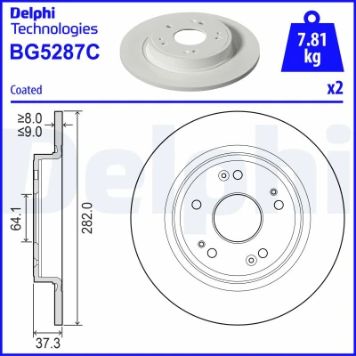 Bilde av DELPHI Bremseskive 282mm 9mm 5 fullt ut belagt BG5287C Bremseskiver, Skivebremser