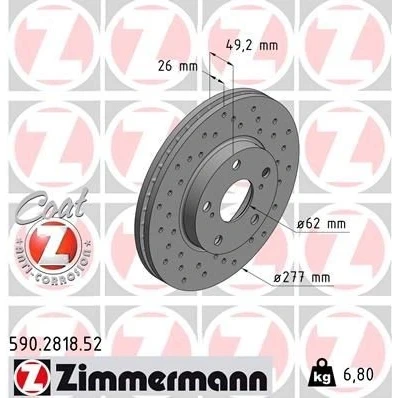 Bilde av ZIMMERMANN SPORT COAT Z 590.2818.52 Bremseskiver 277 26 7/5 5 114 innvendig ventilert, hullet belagt høy karbon TOYOTA: Auris Stasjonsvogn