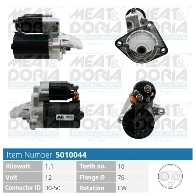 Bilde av MEAT &amp; DORIA 5010044 Starter 12V 1,1kW 10 30 50 76mm FORD: Focus 3, FIESTA 6, 2 Kombi, VOLVO: V50, C30