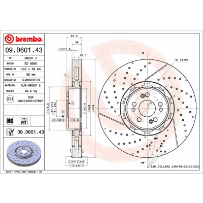 Bilde av BREMBO 09.D601.43 Bremseskiver 400 38 5 todelt bremseskive, innvendig ventilert, slisset / perforert belagt høy karbon