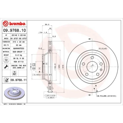 Bilde av BREMBO COATED DISC LINE 09.9768.11 Bremseskiver 310 22 5 innvendig ventilert belagt med skruer AUDI: TT Coupé, Roadster