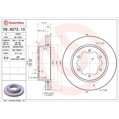 Bilde av BREMBO Bremseskive FORD: Transit Mk7 Van 338mm 33mm 6 innvendig ventilert 09.N372.10 Bremseskiver, Skivebremser