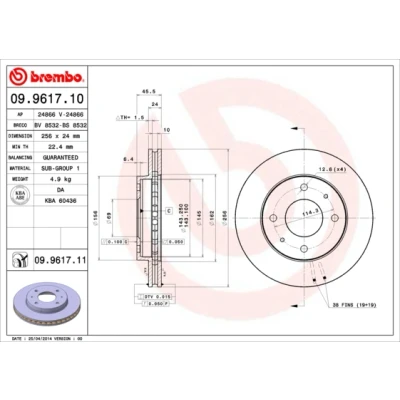 Bilde av BREMBO COATED DISC LINE 09.9617.11 Bremseskiver 256 24 4 innvendig ventilert belagt VOLVO: V40 Stasjonsvogn, S40 I
