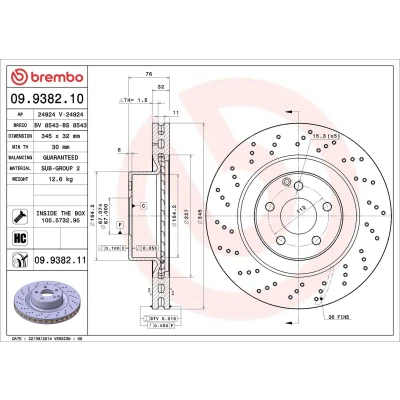 Bilde av BREMBO COATED DISC LINE 09.9382.11 Bremseskiver 345 32 5 perforert / ventilert belagt høy karbon med skruer MERCEDES BENZ: S Klasse Sedan