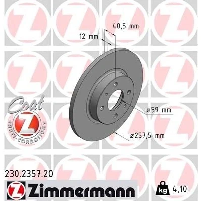 Bilde av ZIMMERMANN COAT Z 230.2357.20 Bremseskiver 257 12 6/4 4 98 fullt ut belagt FIAT: 500 Hatchback, Punto I Cabrio, II ALFA ROMEO: 155