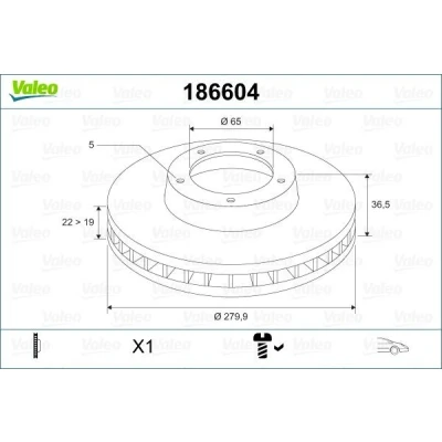 Bilde av VALEO 186604 Bremseskiver framaksel 280 22 5 ventilert med skrue VOLKSWAGEN: Golf 4, New Beetle Cabrio, 4 Variant, SKODA: Octavia 1 Combi