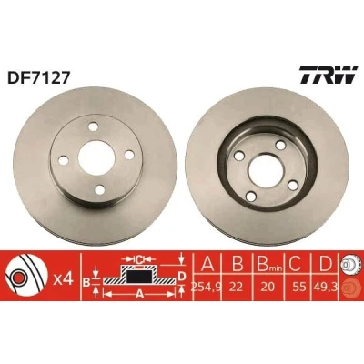 Bilde av TRW DF7127 Bremseskiver 255 22 4 100 ventilert spraylakkert TOYOTA: Corolla IX Sedan, Hatchback, Station Wagon
