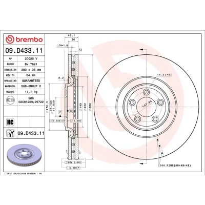 Bilde av BREMBO 09.D433.11 Bremseskiver 380 36 5 innvendig ventilert belagt høy karbon JAGUAR: XF Sedan, XJ F Type Cabrio