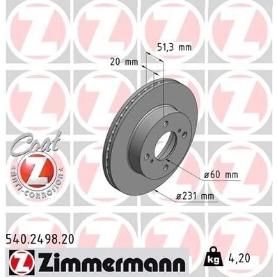 Bilde av ZIMMERMANN COAT Z 540.2498.20 Bremseskiver 231 20 6/4 4 100 innvendig ventilert belagt SUZUKI: Alto VII, NISSAN: Pixo