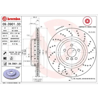 Bilde av BREMBO 09.D901.33 Bremseskiver 370 24 5 perforert / ventilert, todelt bremseskive belagt høy karbon med skruer BMW: Touring, 7, Sedan