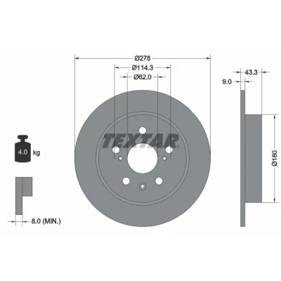 Bilde av TEXTAR PRO 92225303 Bremseskiver 278 9 05/08 114,3 fullt ut belagt uten hjulfestebolt, hjulnav SUZUKI: SX4 I Hatchback