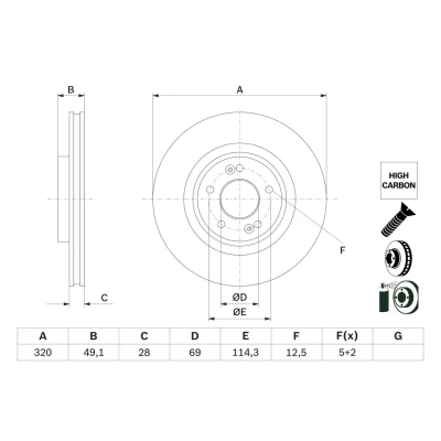 Bilde av BOSCH 0 986 479 F35 Bremseskiver 320 28 5 114,3 ventilert belagt høy karbon med skruer KIA: SORENTO 3, HYUNDAI: SANTA FE 3