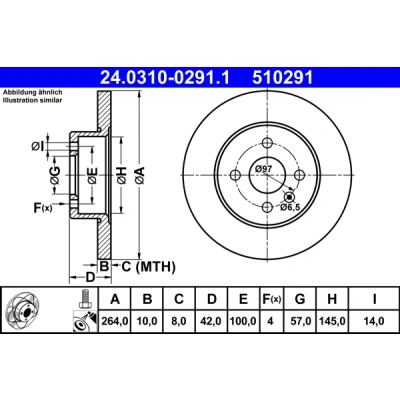 Bilde av ATE PowerDisc 24.0310 0291.1 Bremseskiver 264,0 10,0 4 100,0 fullt ut belagt med skruer OPEL: Combo C Varebil / Stasjonsvogn, Meriva A