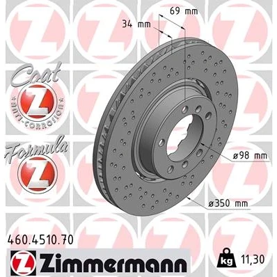 Bilde av ZIMMERMANN 460.4510.70 Bremseskiver 350 34 7/5 5 130 ventilert, hullet, todelt bremseskive belagt PORSCHE: 911 Coupé