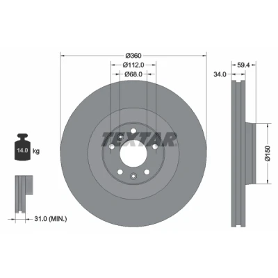 Bilde av TEXTAR PRO 92122203 Bremseskiver 360 34 05/07 112 innvendig ventilert belagt uten hjullager, hjulfestebolt, hjulnav AUDI: A8 D3, A6 C6 Sedan