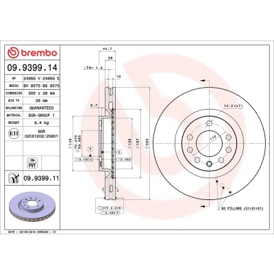 Bilde av BREMBO COATED DISC LINE 09.9399.11 Bremseskiver 305 28 5 innvendig ventilert belagt