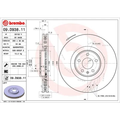 Bilde av BREMBO 09.D938.11 Bremseskiver 360 36 5 innvendig ventilert, med sliss belagt høy karbon skruer PORSCHE: Macan