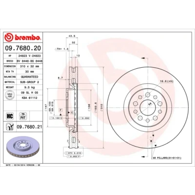 Bilde av BREMBO COATED DISC LINE 09.7680.21 Bremseskiver 310 32 5 innvendig ventilert belagt høy karbon PEUGEOT: 807, CITROËN: C8