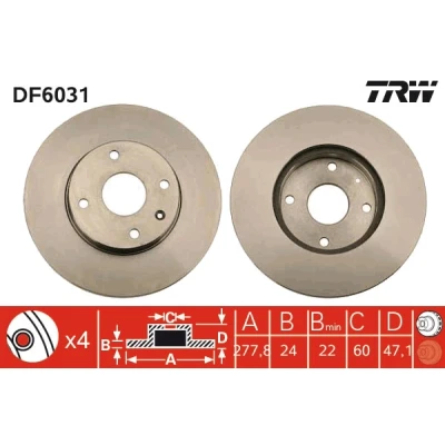 Bilde av TRW DF6031 Bremseskiver 278 24 4 114,3 ventilert spraylakkert høy karbon CHEVROLET: Epica Sedan