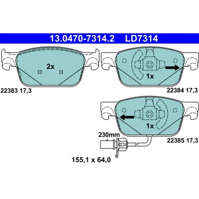 Bilde av ATE 13.0470 7314.2 Bremseklosser med integrert slitasjevarselkontakt AUDI: A4 B9 Avant, A5 Sportback, Allroad