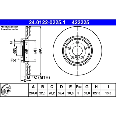 Bilde av ATE 24.0122 0225.1 Bremseskiver 284,0 22,0 5 98,0 ventilert belagt ALFA ROMEO: Spider
