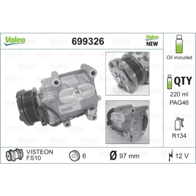 Bilde av VALEO 699326 Kompressor FS1010 12 PAG 46 R 134a med kompressorlje NEW ORIGINAL PART FORD: Focus 2