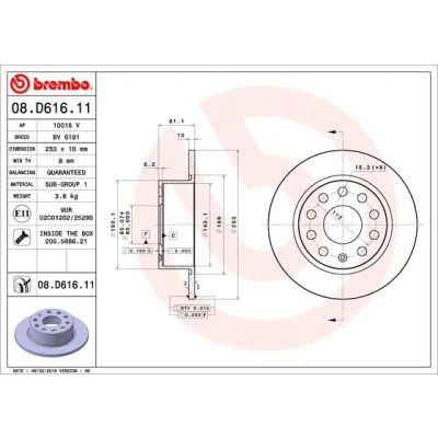 Bilde av BREMBO 08.D616.11 Bremseskiver 253 10 9 fullt ut belagt med skruer SKODA: Octavia 3 Combi