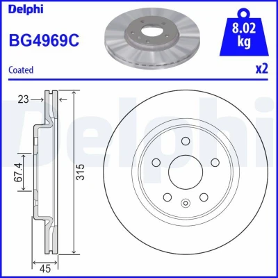 Bilde av DELPHI BG4969C Bremseskiver 315 23 5 ventilert belagt ubehandlet uten hjullager, ABS sensorring OPEL: Insignia B Sports Tourer