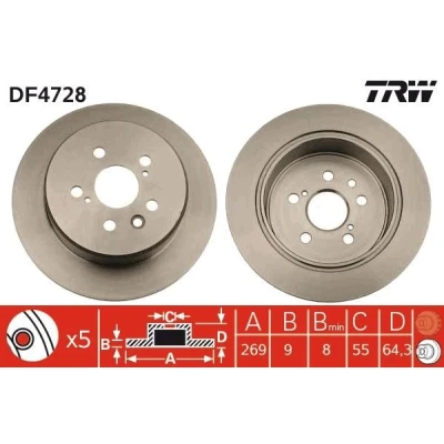 Bilde av TRW DF4728 Bremseskiver 269 9 5 55 fullt ut spraylakkert TOYOTA: Celica VI Coupé, Carina E Hatchback, Sedan