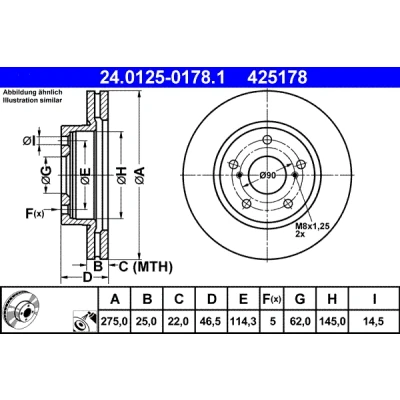 Bilde av ATE 24.0125 0178.1 Bremseskiver 275,0 25,0 5 114,3 ventilert belagt TOYOTA: RAV4 III SUV