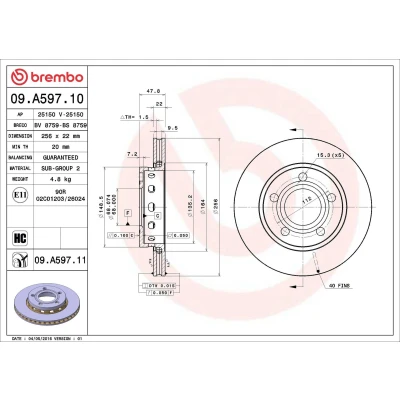 Bilde av BREMBO COATED DISC LINE 09.A597.11 Bremseskiver 256 22 5 innvendig ventilert belagt høy karbon AUDI: A4 B5 Avant, Sedan
